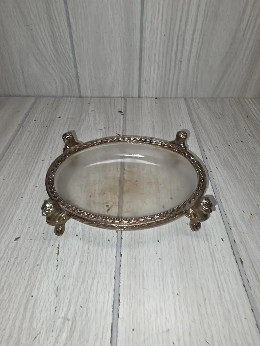 Antique Brass/Glass Owl Footed Vanity Dish Trinket Bowl Soap Brass Victorian